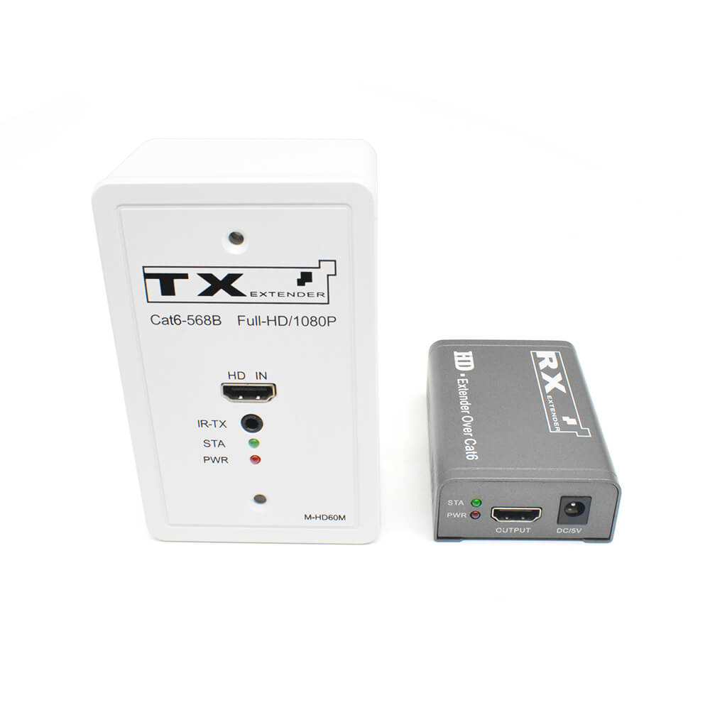 Front view of M-HD60M 120-type HDMI wall outlet extender with HDMI input and output, LED indicators and power jack