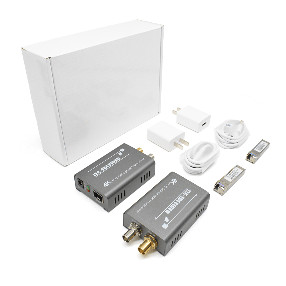 Complete kit for 4K 12G‑SDI fiber extender, includes transceivers, SFP module, power adapters and packaging box