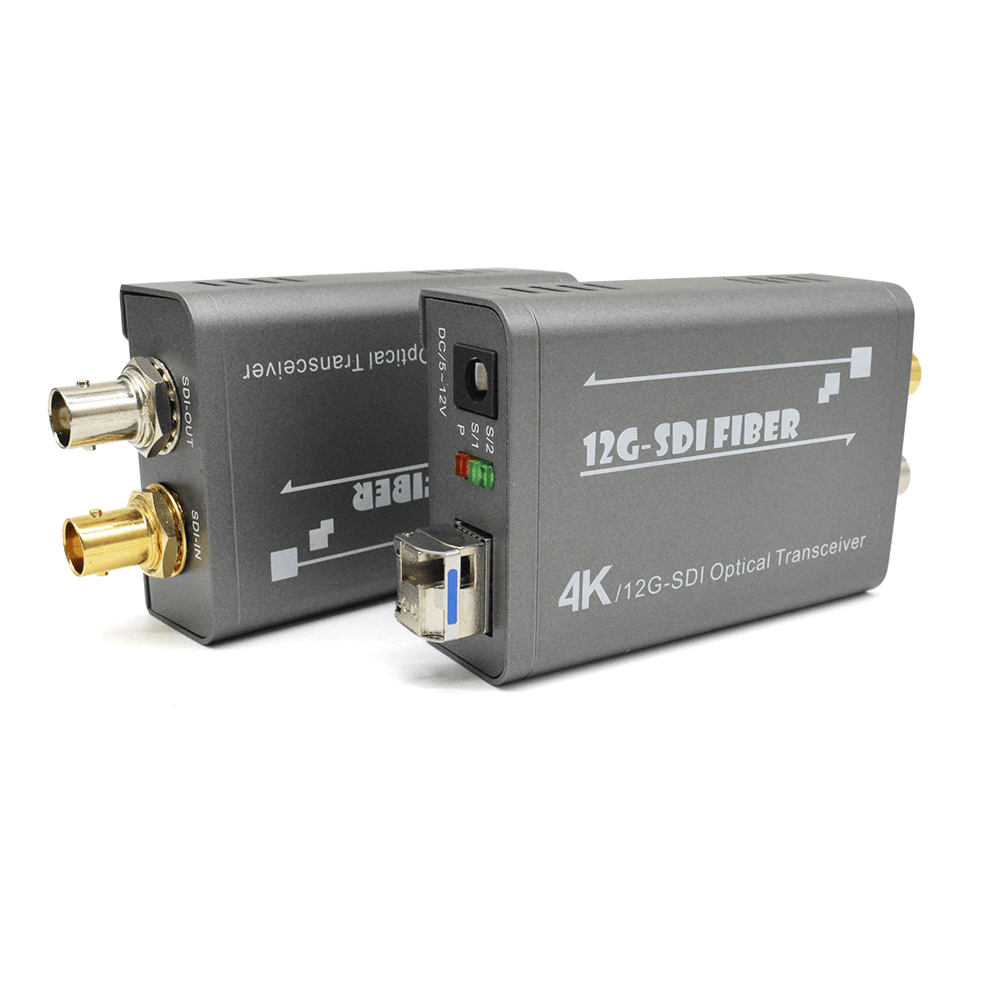 4K 12G‑SDI fiber optic extender transceiver pair with SDI ports, broadcast SDI over fiber converter