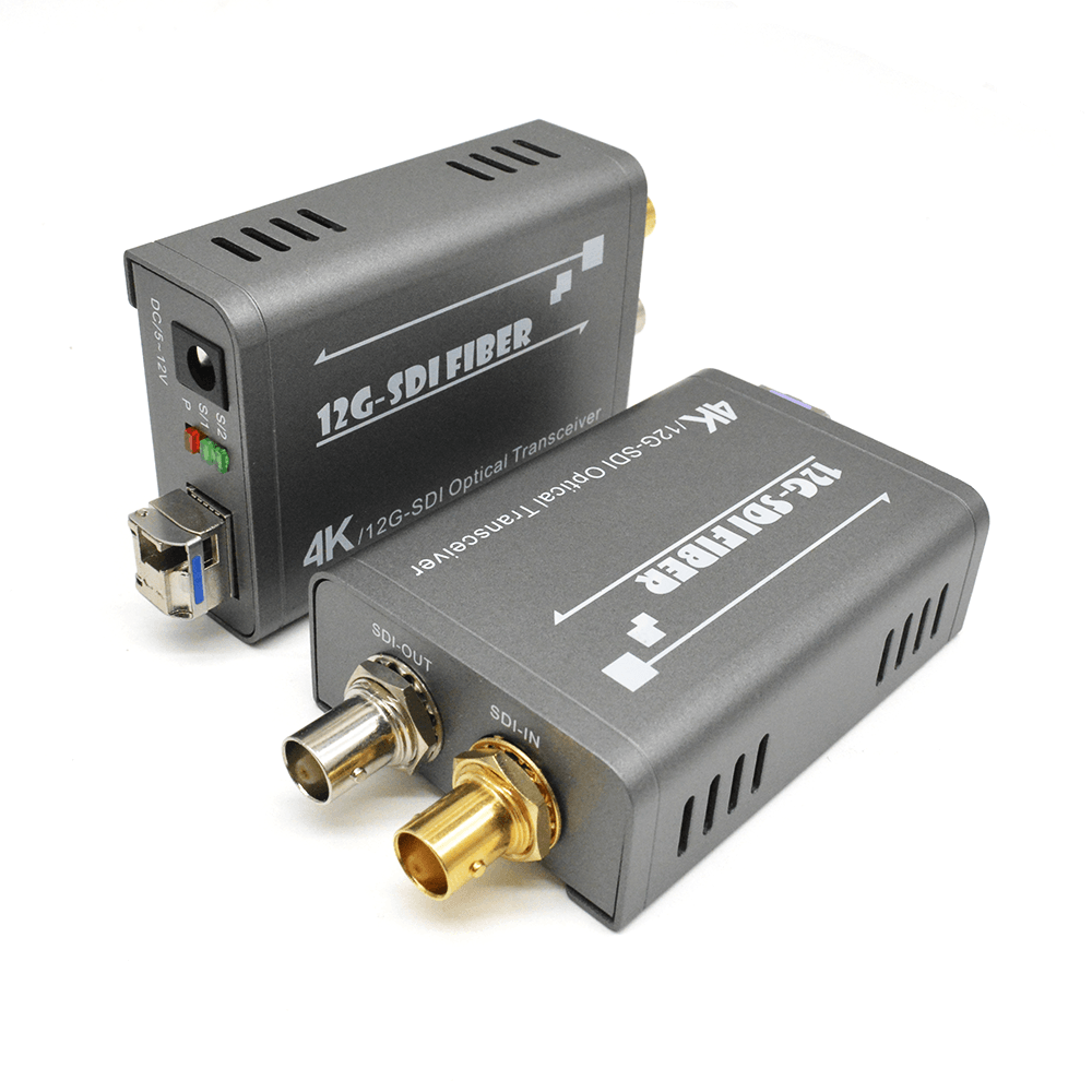 12G‑SDI fiber extender close‑up of gold‑plated SDI connectors, support 4K broadcast video transmission