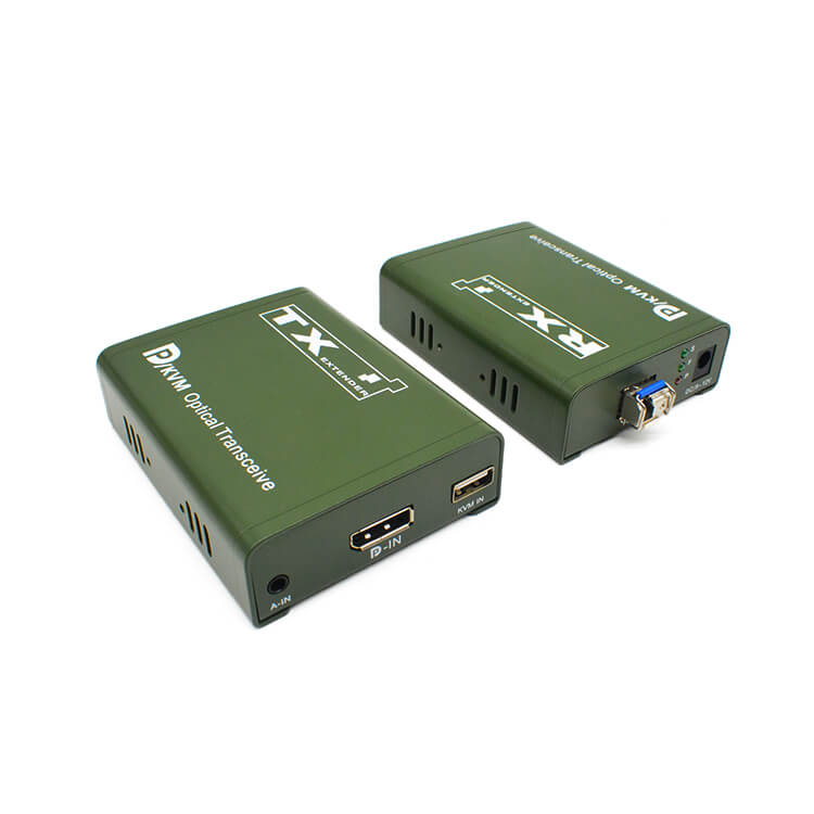 3 interfaces of TX: audio in, dp in and kvm in. And the RX has 1 fiber port, 3 indicators and 1 power port 