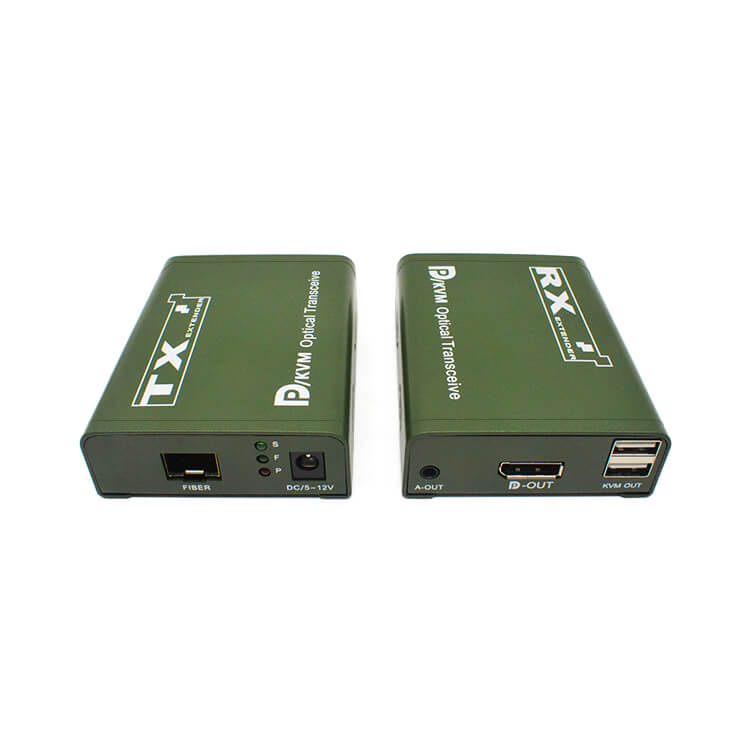 The fiber port, 3 indicators and 1 power port of TX. The RX has 1 interface for aduio, 1 dp out and 1 KVM out