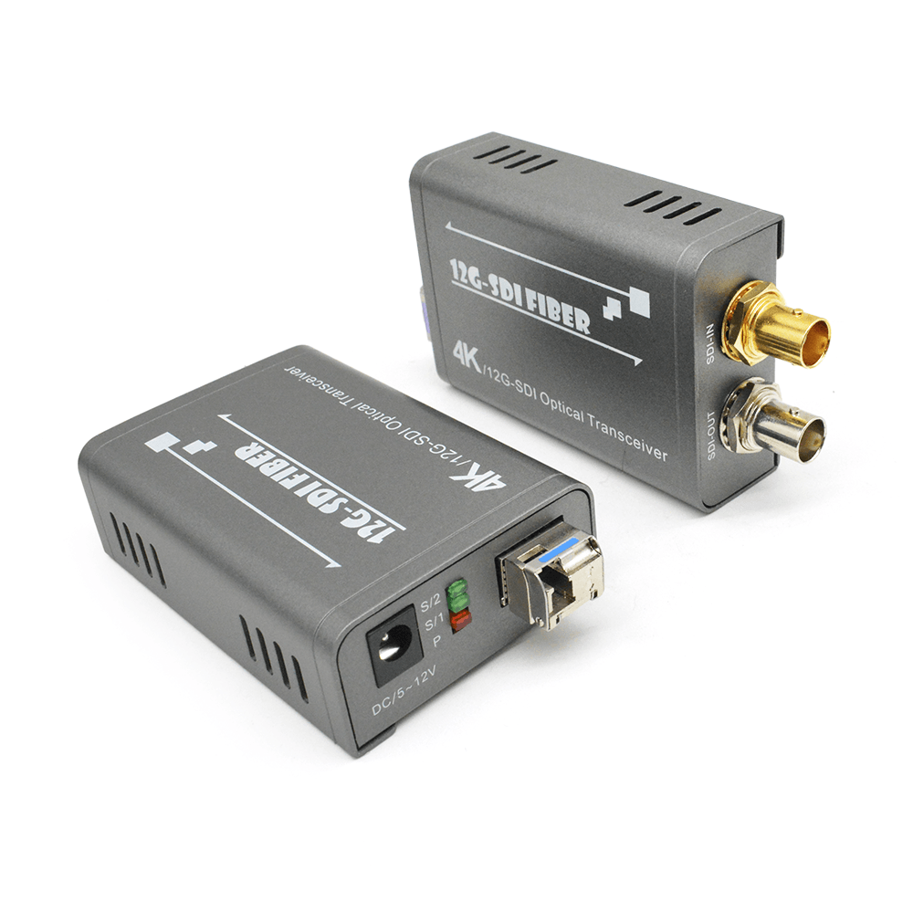 4K 12G‑SDI fiber optic unit displays BNC‑SDI, SFP fiber, DC power and status indicator lights