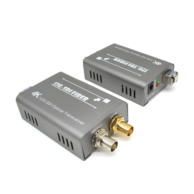 Top‑angle view of 4K 12G‑SDI over fiber transceiver set for broadcast video system